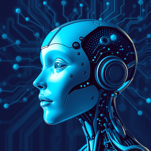 AI voice, neural network, speech synthesis, cool blue and teal tones, curious and analytical feel