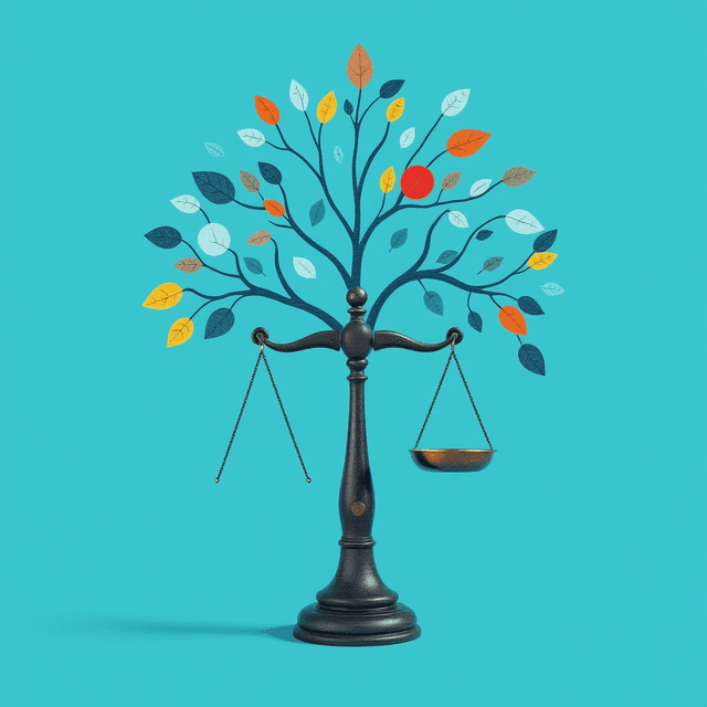 decision tree, weighing scale, abstract choices, curious and analytical feel, cool blue and teal tones