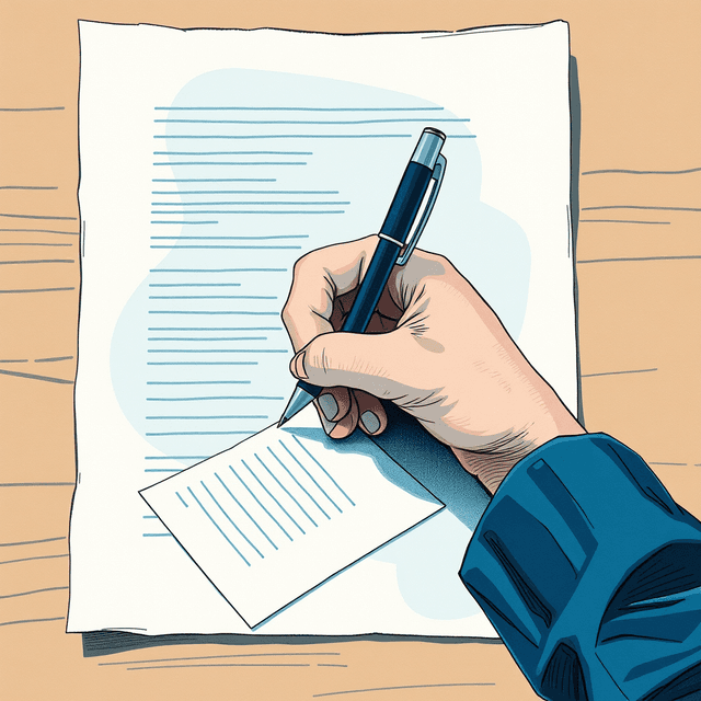 human hand, pen, paper, F grade, A grade, clean journalistic illustration, cool blue and teal tones, curious and analytical