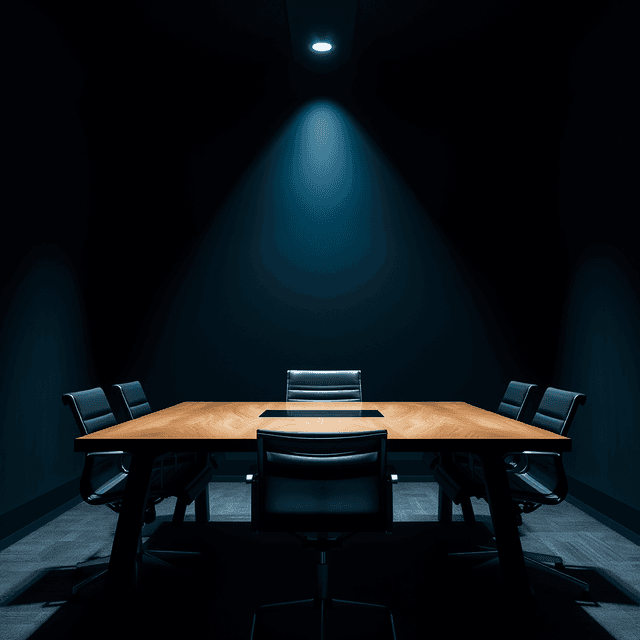 conference table, empty chair, dark room, sharp tech-noir photography style, cool steel blues and white highlights