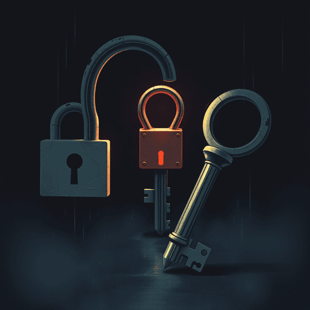 digital skeleton key, locks, paradox, dark moody tones, editorial illustration
