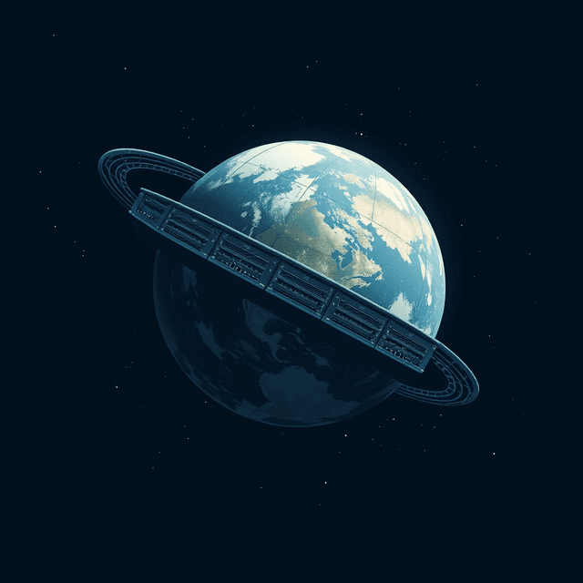 orbital server rack, floating in space, earth view, dark moody tones, editorial illustration