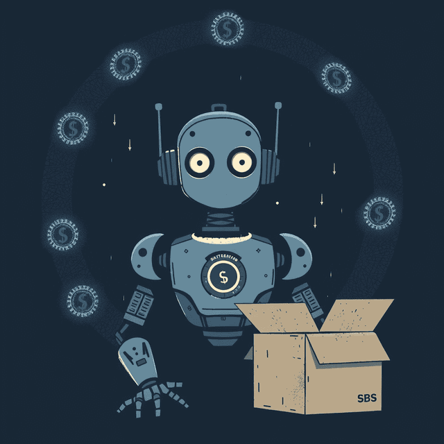 dollar sign, AI robot, subscription box, dark moody tones, editorial illustration