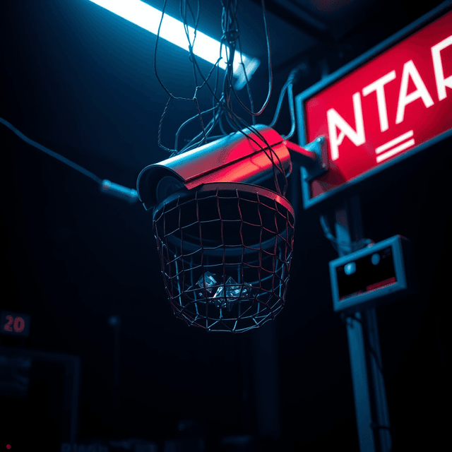 surveillance net, data bucket, broken system, sharp tech-noir photography style, cool steel blues