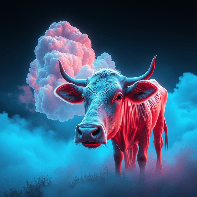 cow, methane cloud, AI analysis, digital decay, neon cyan
