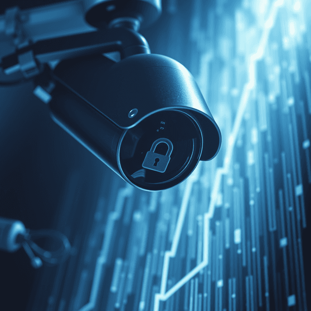 surveillance camera, data stream, privacy icon, sharp tech-noir photography style, cool steel blues and white highlights