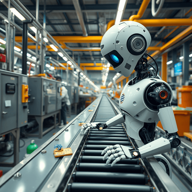 recycling plant, AI, conveyor belt, robotics, curious and analytical feel