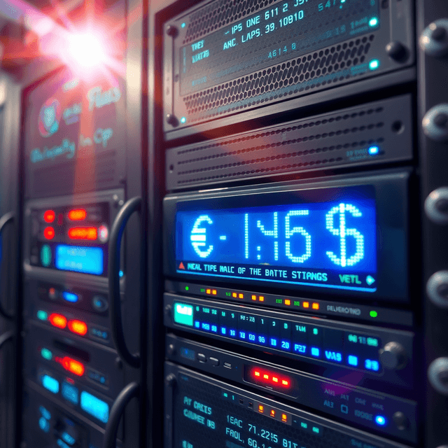 server rack, glitching data, currency symbols, cool steel blues, lens flare accents