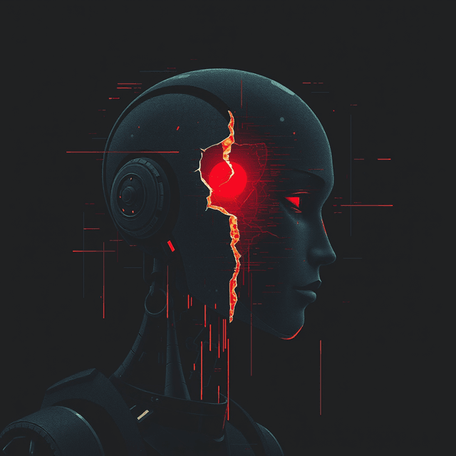 AI robot, broken heart, glitch effect, dark moody tones, editorial illustration