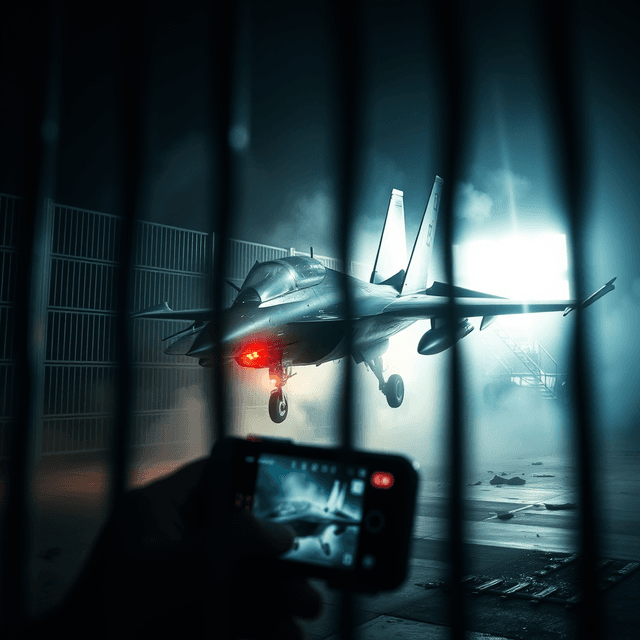 F-15 fighter jet crash, smartphone footage, prison cell, sharp tech-noir photography style, cool steel blues