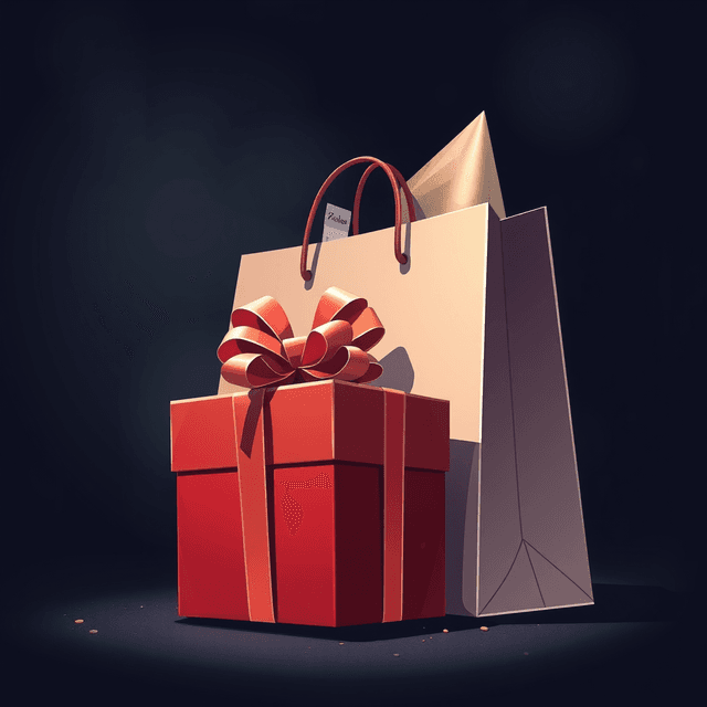gift box, shopping bag, shiny object, dark moody tones, editorial illustration