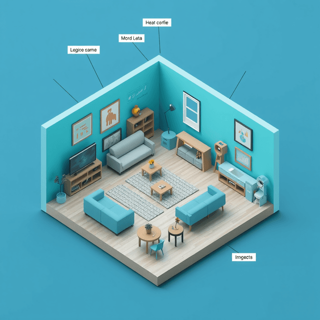 3D room map, furniture, text labels, curious and analytical feel, cool blue and teal tones