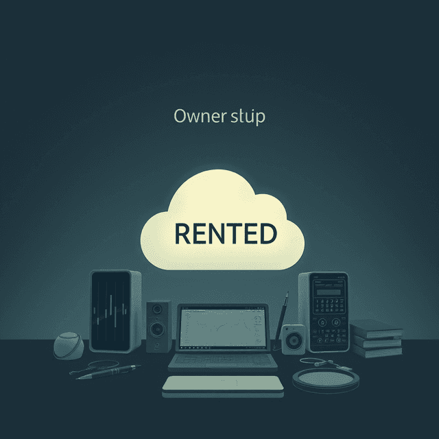 digital objects, ownership symbol, rented cloud, dark moody tones, editorial illustration