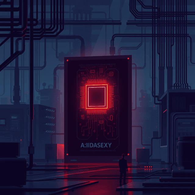 AI chip, server, factory, dark moody tones, editorial illustration