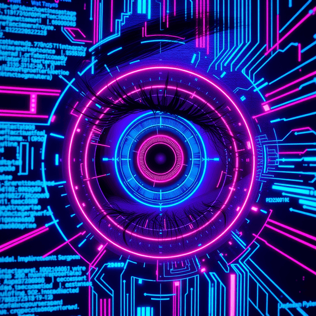 eye tracking, screen, data visualization, digital decay, neon cyan