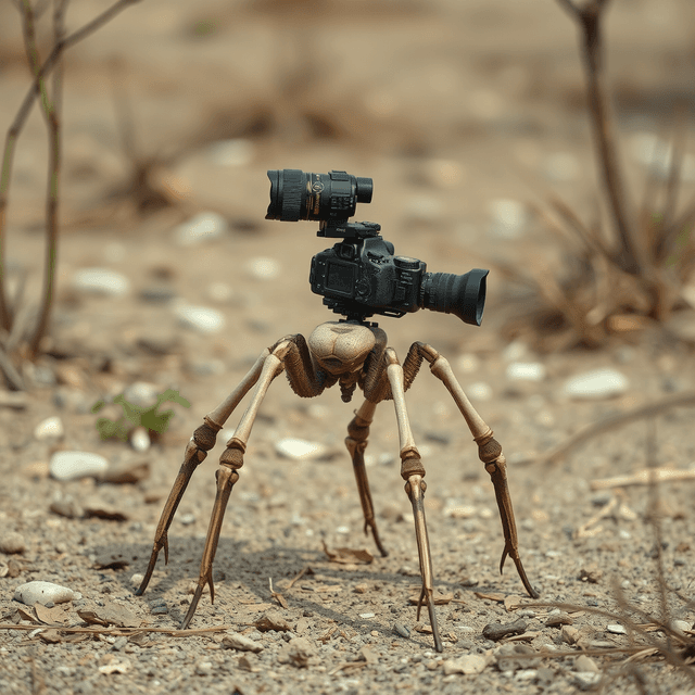 exoskeleton, legs, camera gear, outdoor, clean editorial illustration, digital decay