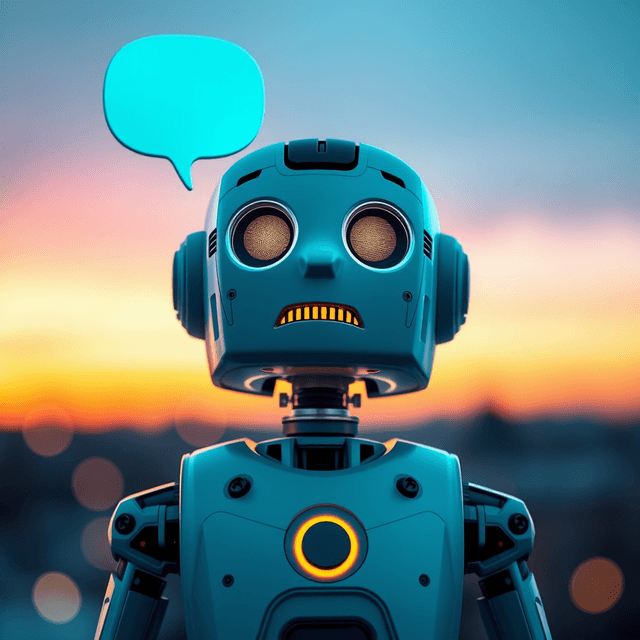 AI robot, speech bubble, data stream, cool blue and teal tones, curious and analytical feel