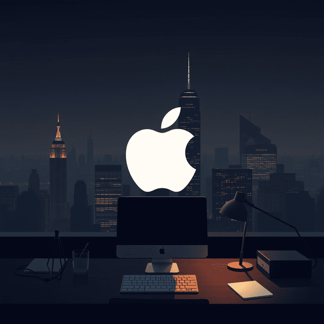 apple logo, executive desk, cityscape, dark moody tones, editorial illustration