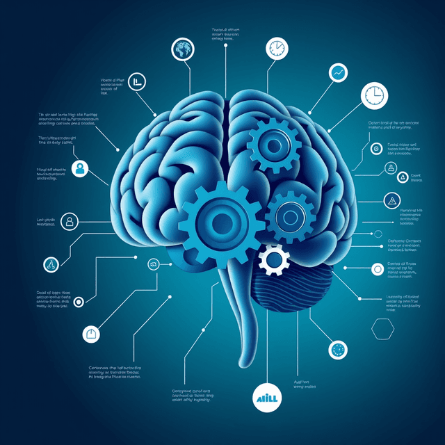 brain, gears, flowchart, curious and analytical feel, cool blue and teal tones