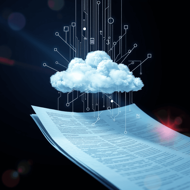 paperwork, digital cloud, data streams, cool steel blues, lens flare accents