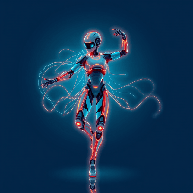 AI dancer, motion capture, digital avatar, neon cyan, clean editorial illustration