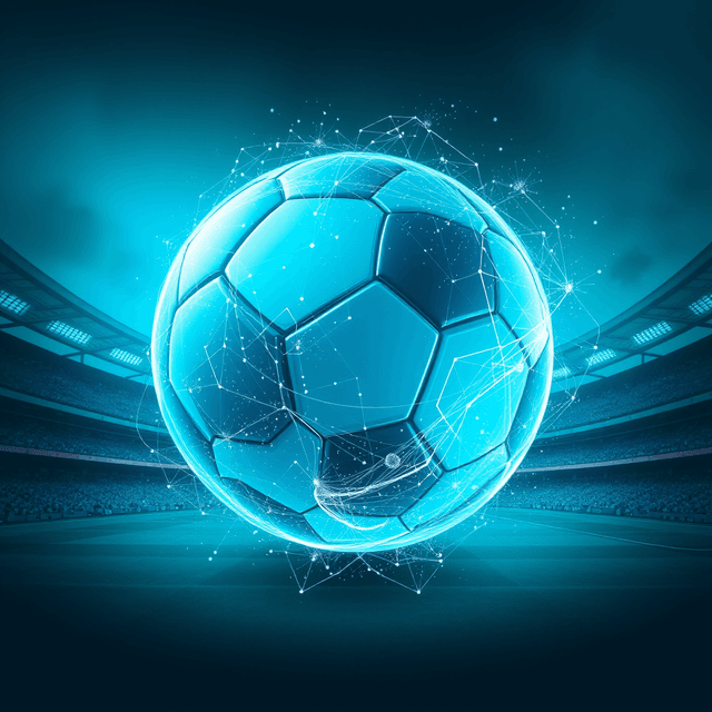 soccer ball, players, stadium, generative art, cool blue and teal tones