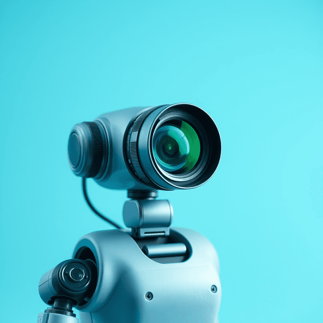 robot arm, camera lens, circuit board, cool blue and teal tones, curious and analytical feel