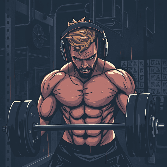 weightlifting, headphones, sweat, gym, dark moody tones, editorial illustration