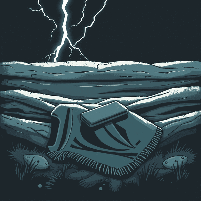 lightning bolt, blanket, device, dark moody tones, editorial illustration