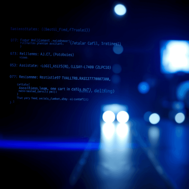 social media feed, AI assistant, code, Bluesky, sharp tech-noir photography style, cool steel blues and white highlights