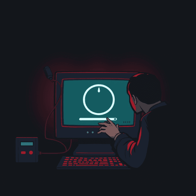 computer lag, user frustration, slow loading, dark moody tones, editorial illustration