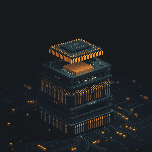 microchip, stacking, advanced packaging, dark moody tones, editorial illustration