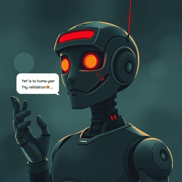 AI chatbot, human user, validation, delusion, dark moody tones, editorial illustration