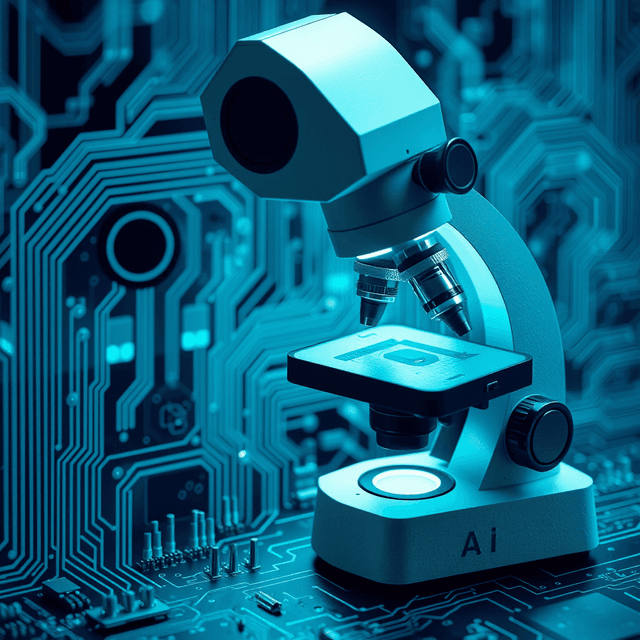 AI, circuit board, microscope, cool blue and teal tones, curious and analytical feel