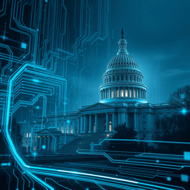 AI chip, government building, data stream, sharp tech-noir photography style, cool steel blues