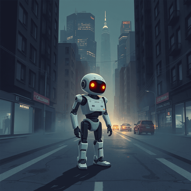 robot companion, future cityscape, quiet street, dark moody tones, editorial illustration