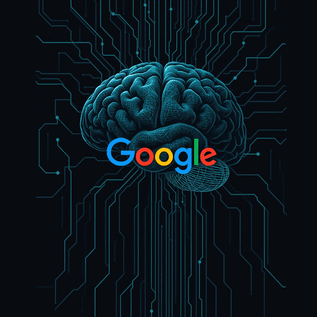 AI brain, neural network, Google logo, data stream, dark moody tones, editorial illustration