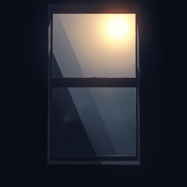 light rectangle, window, sun glare, interior, dark moody tones, editorial illustration