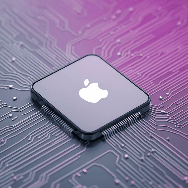 iPhone, computer chip, circuit board, Apple logo, Clean editorial illustration with digital decay, smooth gradients