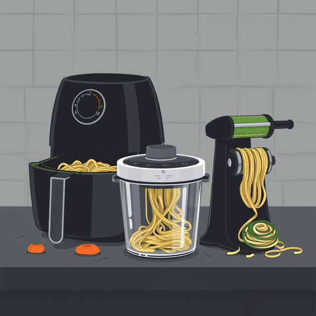 kitchen gadgets, air fryer, pasta maker, zucchini spiralizer, dark moody tones, editorial illustration