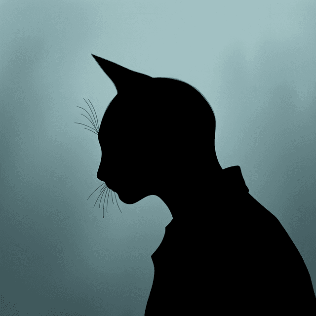 cat ears, human head silhouette, dark moody tones, editorial illustration