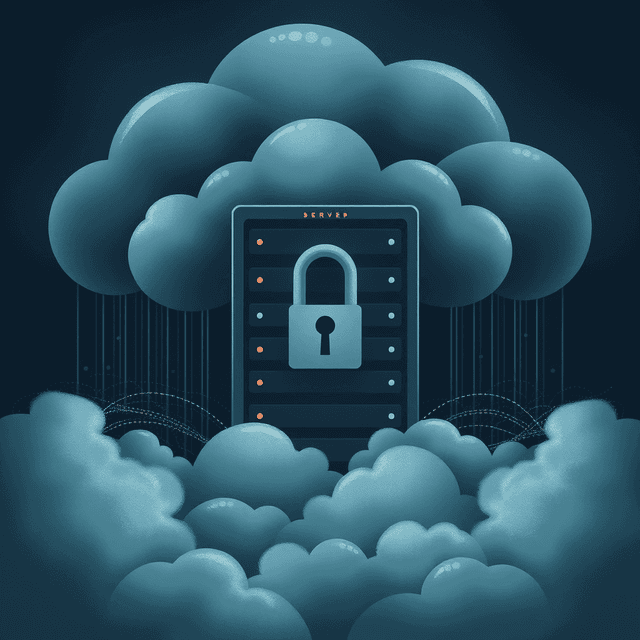 server, password, digital cloud, dark moody tones, editorial illustration