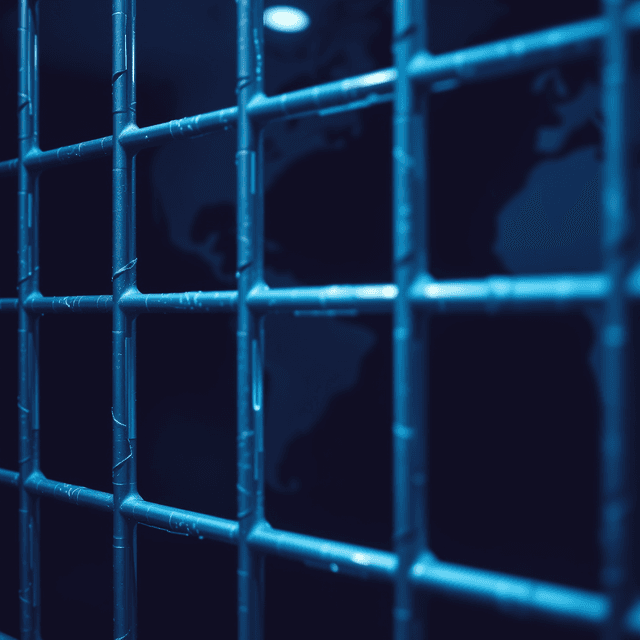 internet censorship, prison bars, digital walls, global restrictions, sharp tech-noir photography style, cool steel blues