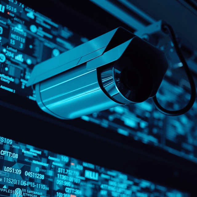 surveillance camera, data stream, network, sharp tech-noir photography style, cool steel blues
