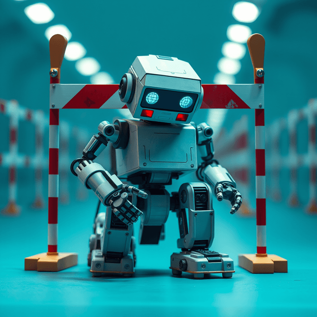 obstacle course, robot, failing, curious and analytical feel, cool blue and teal tones