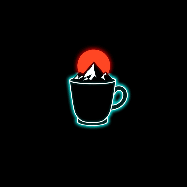 coffee cup, mountain silhouette, logo, digital decay, neon cyan accent