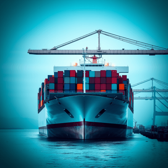 container ship, shipping containers, crane, logistics, cool blue and teal tones