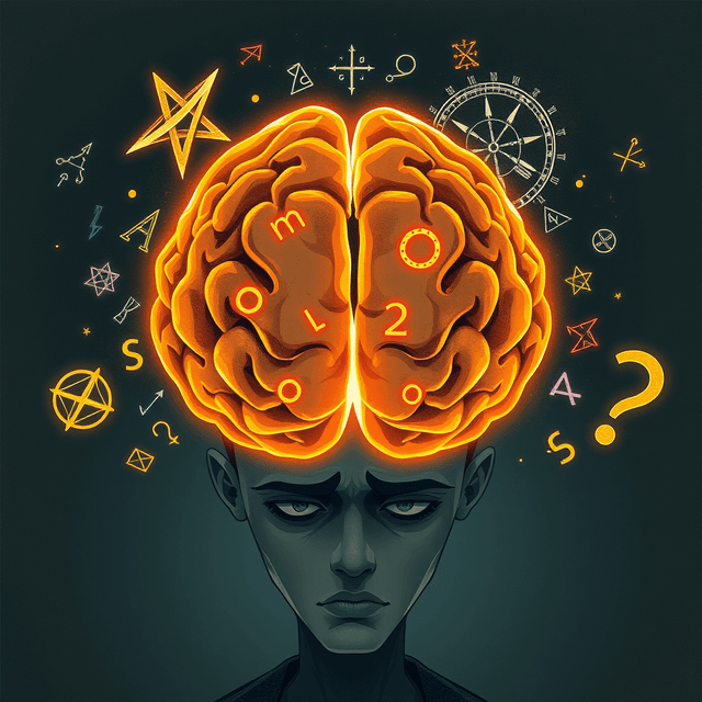 abstract math symbols, glowing brain, confused expression, dark moody tones, editorial illustration