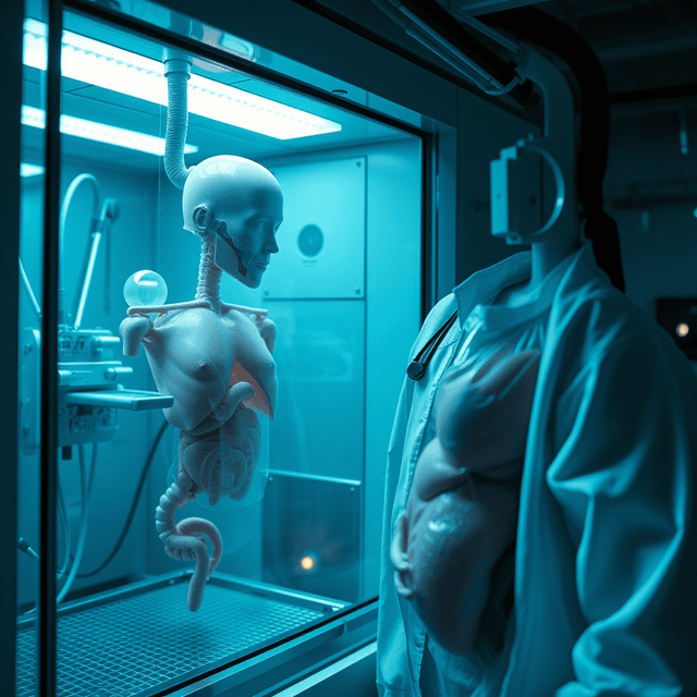 cloned organs, bio-reactor, sterile lab, sharp tech-noir photography style, cool steel blues and white highlights