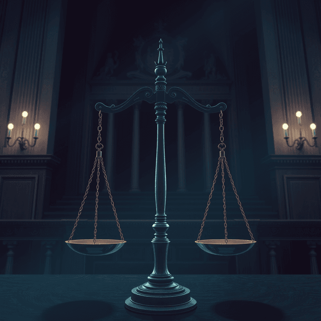 AI algorithm, legal scales, courtroom, dark moody tones, editorial illustration